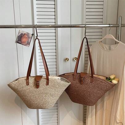 Women's Straw Shoulder Bag, Woven Beach Tote Bag With PU Leather Strap, Bohemian Style Summer Holiday Travel Handbag