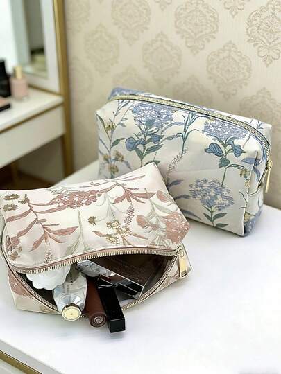 Large Capacity Octagonal Portable Cosmetic Bag, Makeup Organizer Pouch, Floral Embroidered Multifunctional Makeup Tool Storage Bag