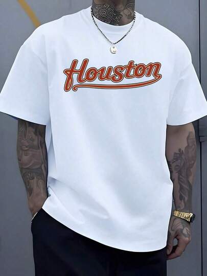 soft1pcs Camiseta Deportiva para Hombre con Estampado de Letras de Houston, 220g, Ropa Casual Urbana, 100% Algodón, Camiseta con Estampado Gráfico Digital, Manga Corta de Verano, Corte Holgado, Topcool