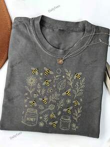 COMMERCE 1PC Men'S 230g Washable Honey Pot Print Batik T-Shirt - Retro Bee & Honeycomb Design, Lightweight All-Season Casual Round Neck Tee For Beach & Casual Attire Mens Clothes Summer Tops - Xám - Xem 7