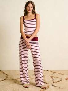 Conjunto de pijama de dos piezas para mujer, a rayas: camiseta sin mangas tipo camisola y pantalón holgado. Pijama suave para dormir. - Violeta - Ver 2