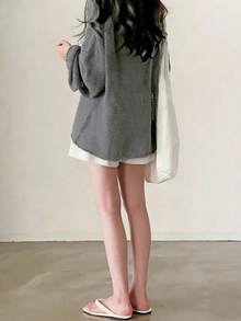 Casual Solid Color Round Neck Long Sleeve Loose Knit Sweater Spring - Grey - View 2
