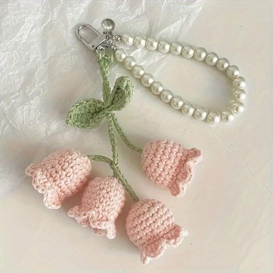 Creative Cute Girl Pearl Chain Yarn Crochet Orchid Flower Keychain Bag Decoration Buckle - trắng - Xem 1