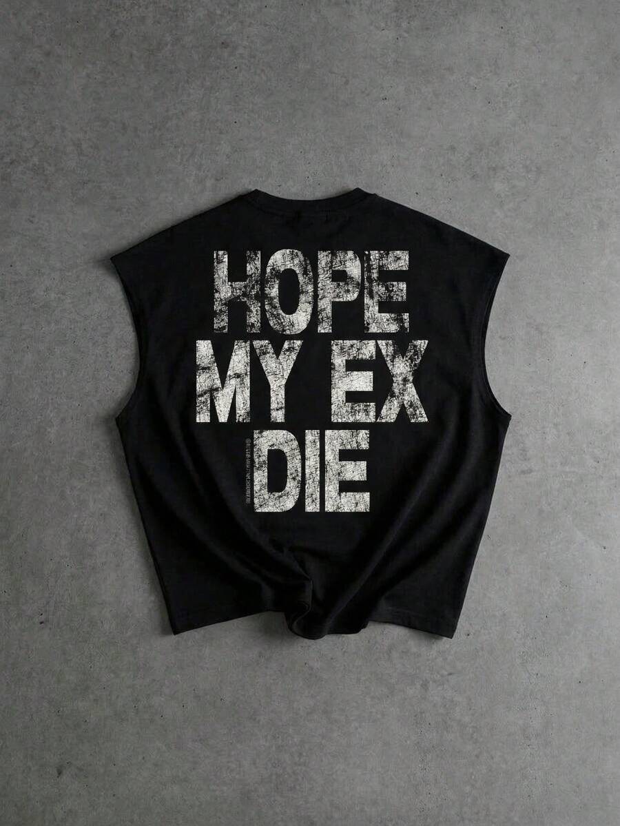 Áo thun nam không tay dáng rộng, in hình hai mặt với khẩu hiệu "Tôi mong người yêu cũ của tôi chết", họa tiết rách rưới ở mặt trước và mặt sau, phong cách Punk Y2K, áo ba lỗ thoáng khí. - màu đen - Xem 1