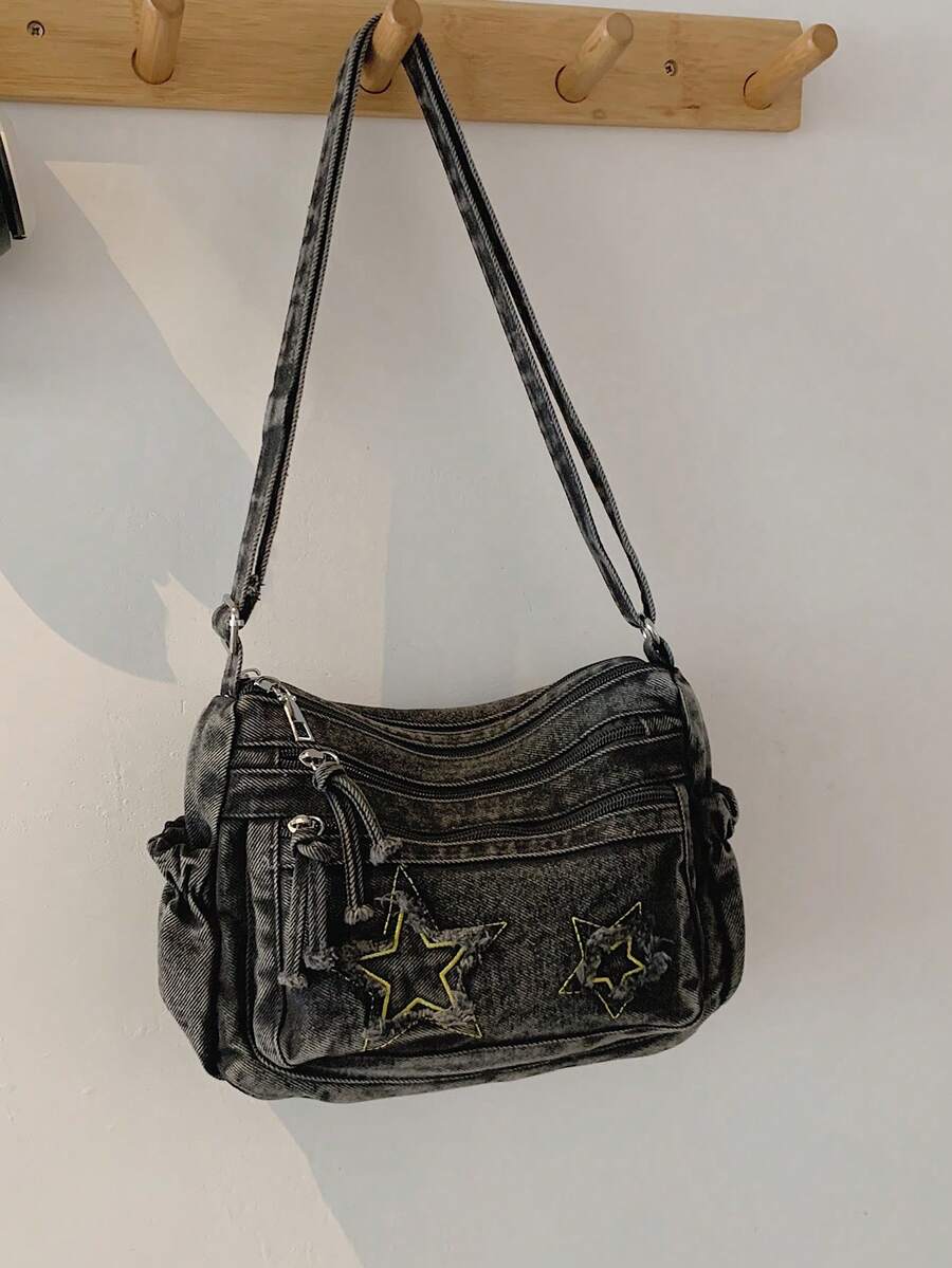 New Casual Chic Soft Jeans Multi-Layer Crossbody Bag With Multiple Pockets, Versatile Commuter Large Capacity Women's Shoulder Bag, Suitable For Work Commuting, Shopping And Traveling. - Black - View 1