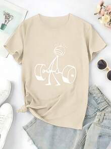 Funny Stick Figure Deadlift Graphic Cotton Tee Women Gym Workout Crew Neck Short Sleeve Loose Fit Black Humorous Fitness Casual Daily Top - 杏色 - 查看 6