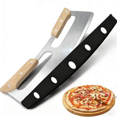1pc 14-Inch Stainless Steel Pizza Cutter Rocker Blade With Wooden Handle - Large Pizza Slicer Wheel - Easy To Use And Clean - Effortlessly Slice Pizza