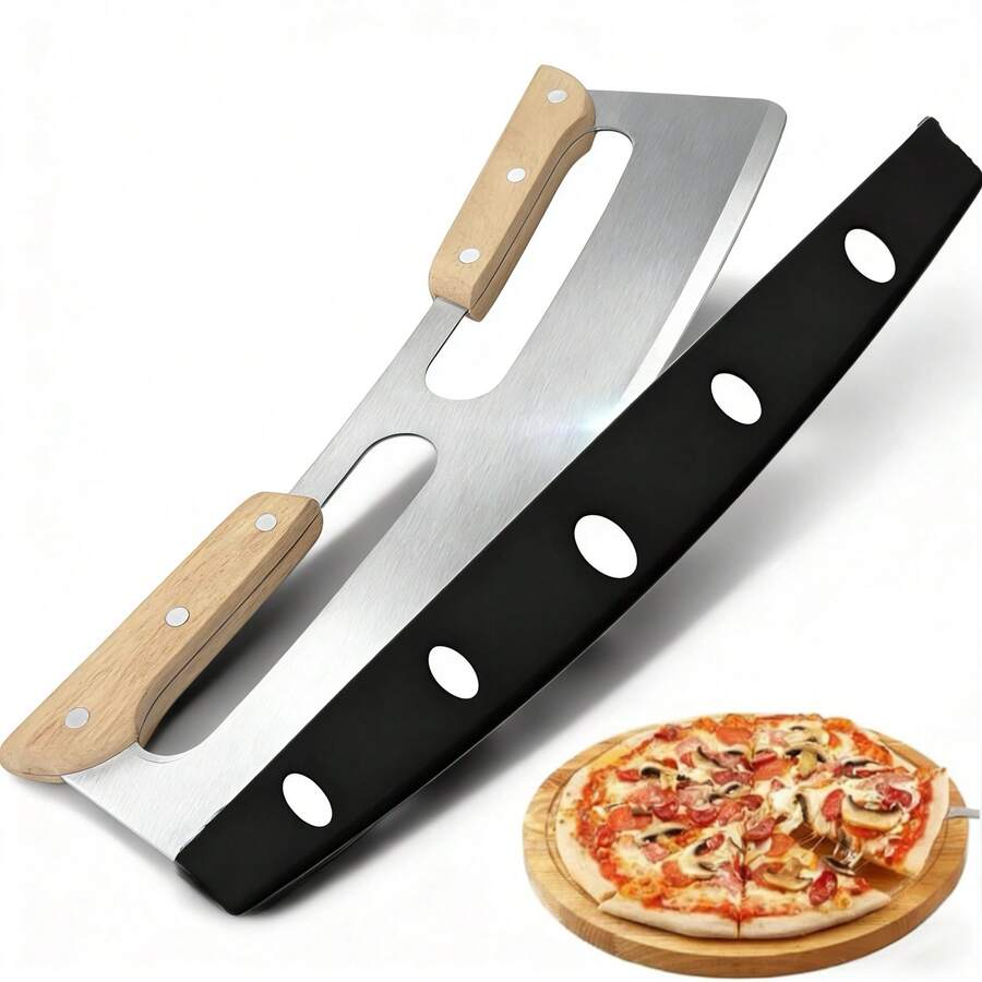 1pc 14-Inch Stainless Steel Pizza Cutter Rocker Blade With Wooden Handle - Large Pizza Slicer Wheel - Easy To Use And Clean - Effortlessly Slice Pizza - Wood Color - View 1
