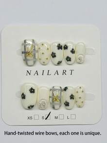 10 miếng dán móng tay hình oval ngắn thủ công, họa tiết hoa và nơ kẻ caro xanh trắng vàng, dễ thương và thời trang, phù hợp cho mùa xuân, hè, thu, đông, các ngày lễ và sử dụng hàng ngày. - Xanh và trắng - Xem 3