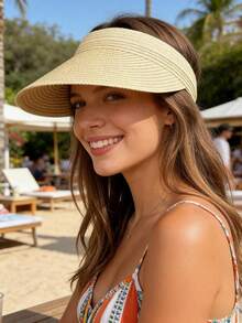 1pc Solid Color Straw Visor Hat, Windproof, UV Protection, 3D Design, Foldable, Fashion Versatile, Elegant Style, Soft & Comfortable, Suitable For Beach, Outdoor, Travel, Hiking, Cycling, And Various Occasions,Summer - Open Top - View 9