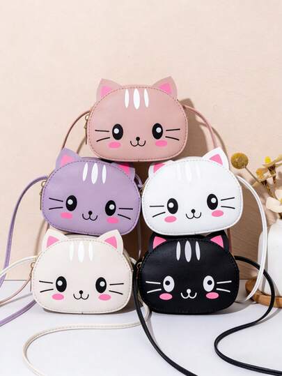 1pc Girls' Mini Cute Sweet Crossbody Bag, Kids Adorable Cat Print Casual Small Pouch, Girls' Small Coin Purse, Change Purse, Snack Bag, Travel Daily Use Crossbody Bag Handbag