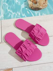 Wide Fit Women's Fashion Square Toe Pleated Flat Sandals, Summer Holiday Style PU Slide Slippers - Hot Pink - View 3