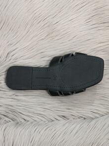 Women's Spring & Summer Fashion Flat Sandals, Cute Beach Slippers, White Minimalist Sandals, Leather Flat One-Strap Sandals For Ladies - Black - View 6