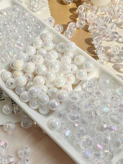 100颗8毫米半透明美人鱼鳞片亚克力圆珠，手工DIY配件，可用于手机链、包包挂饰、隔珠、耳环、项链等首饰制作。