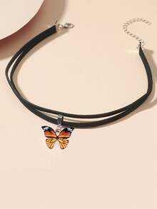 1pc Women's Retro Gothic Choker Necklace With Double-Layer Butterfly Pendant, Fashion Clavicle Chain Collar - Multicolor - View 6