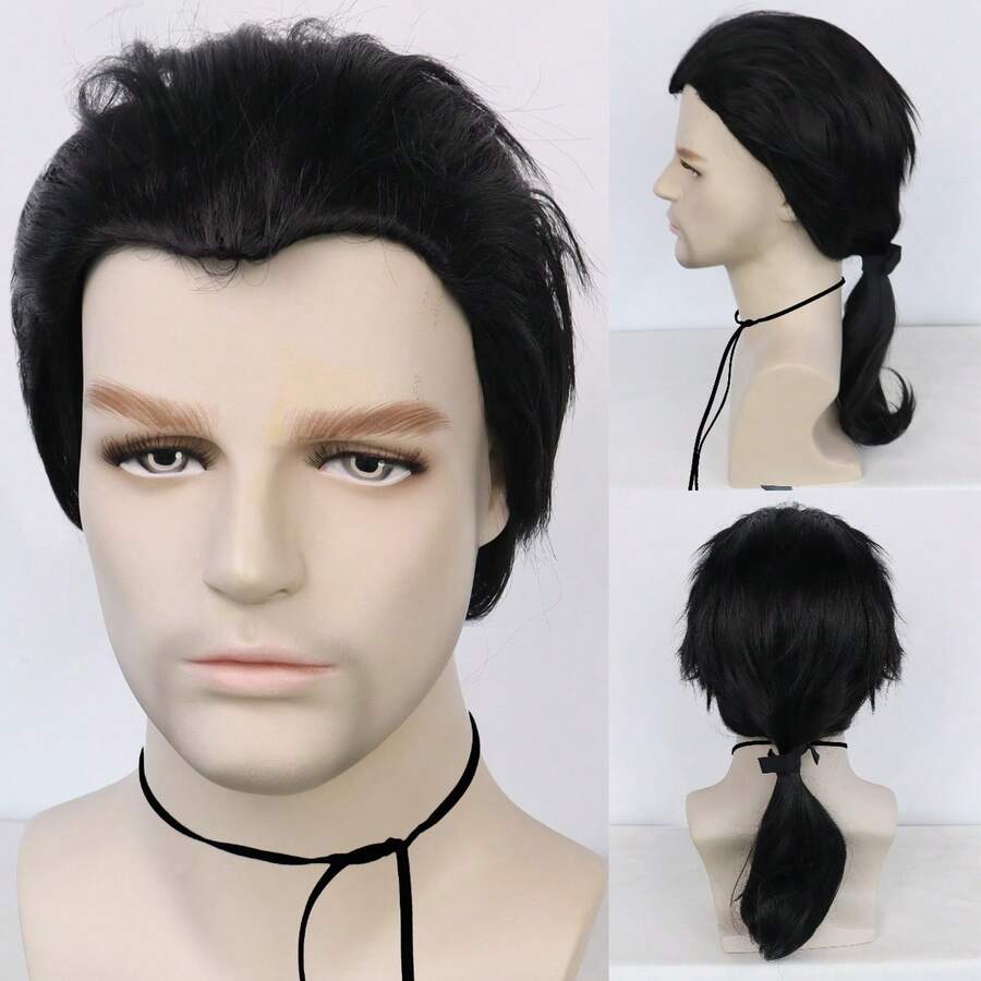 Men's Black Medium-Length Low Ponytail Wig, Essential For Daily Commute And Casual Styling - Black - View 1