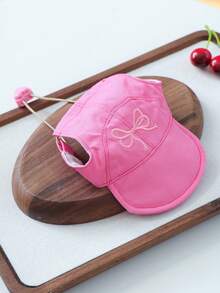 1pc Pet Hat, Small Dog Puppy Teddy Pomeranian Accessories, Spring/Summer Sun Protection Hat With Bow Tie - Rose Red - Hot Pink - View 4