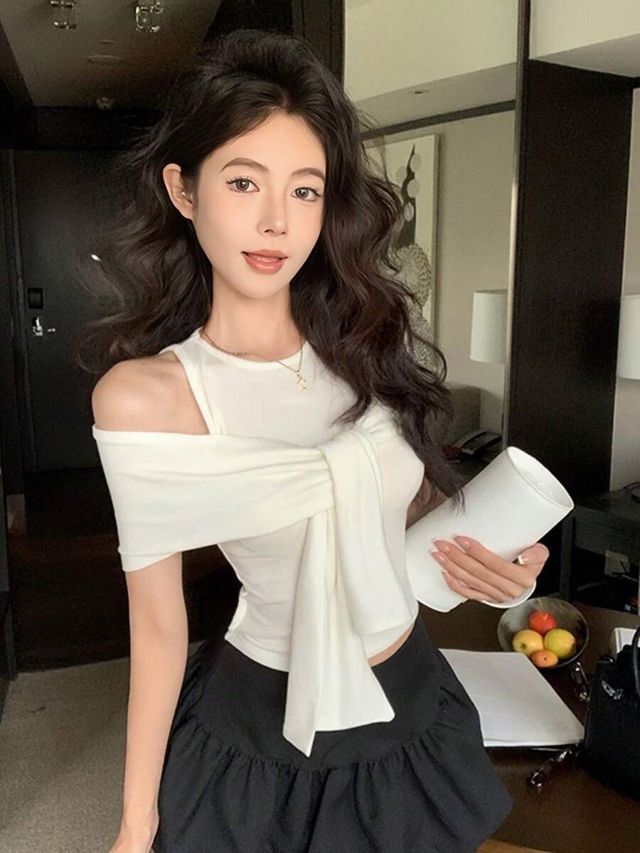 女士V领二合一修身针织毛衣上衣，春夏款 白色 - 白色 - 查看 1