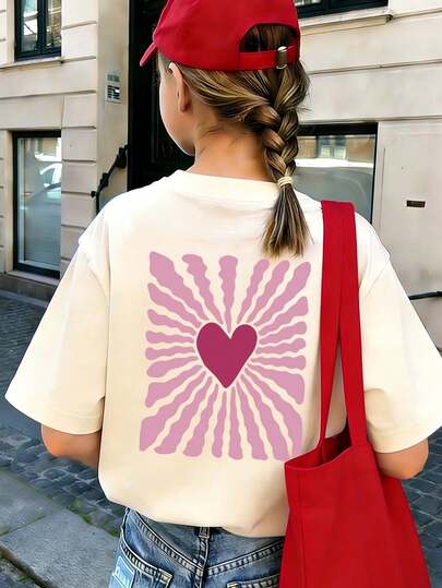 Tween Girl Vintage Heart Print Bohemian Style T-Shirt, Soft And Comfortable Fabric, Suitable For Girls To Wear For Travel, Vacation, Outdoor Sports, Daily Wear, Casual Travel, Best Choice! Fashionable Tween Girls Casual Versatile Top For Spring And Summer