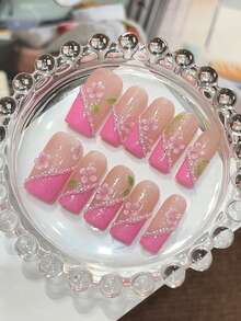 10 piezas de pegatinas de uñas en forma de ataúd hechas a mano, con brillo rosa y verde y decoración floral 3D, lindas y de moda, adecuadas para primavera, verano, otoño, invierno, vacaciones y uso diario - Rosa - Ver 1