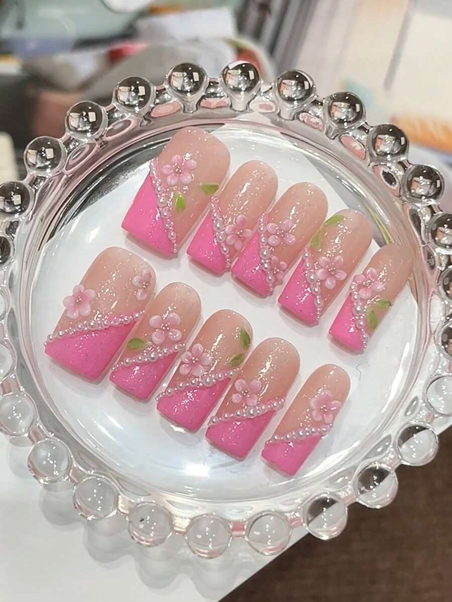 10 piezas de pegatinas de uñas en forma de ataúd hechas a mano, con brillo rosa y verde y decoración floral 3D, lindas y de moda, adecuadas para primavera, verano, otoño, invierno, vacaciones y uso diario - Rosa - Ver 1