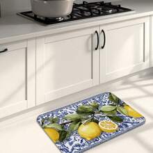 1pc/2pcs/3pcs Non-Slip Kitchen Floor Mat With In Vintage Lemon Floral Print, 0.47" Cushioned Anti-Fatigue, Soft Flannel Surface With Oil Proof And Stain Resistant,For Home Kitchen,Bathroom,Living Room,Bedroom Indoor Decor USE,Machine Washable - 彩色 - 查看 2