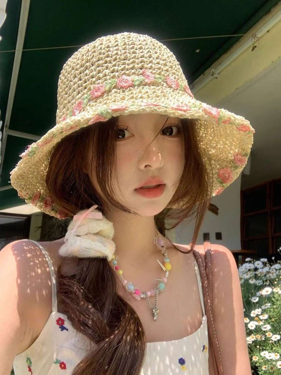 女士草编花朵装饰宽檐帽,可折叠夏季沙滩防晒帽 - 彩色 - 查看 1