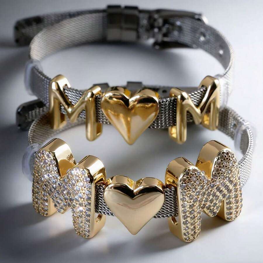 1条简约优雅双色“妈妈”字母手链，女士礼物，宽版可调节 - 金色 - 查看 1