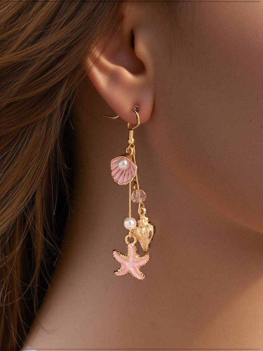 1 par de pendientes de verano minimalistas con concha de caracol y estrella de mar, pendientes de concha coloridos, ganchos de oreja con estrella de mar y borla, ganchos de oreja bohemios de concha, joyería, festival, elegante - Multicolor - Ver 1