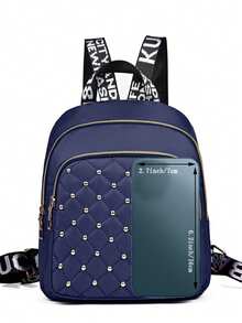 Back To School Season Rhombus Pattern Embroidered Rivet Backpack - New Women's Fashion Travel Bag - Casual Large Capacity Women's Backpack [Random Back Zipper Direction] - Blue - View 6