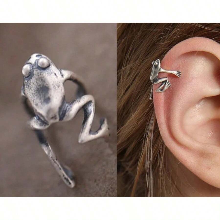 1 Par de Brincos de Clip Retrô de Sapo, Brincos Pequenos e Fofos de Sapo Envoltos, Design com Tema Animal, Adequado como Presente de Aniversário ou Amizade - Prata - Visão 1