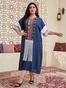 Vestido tradicional elegante de Ramadán 2026 de nuevo estilo, vestido de mujer árabe con bordados coloridos, parches, decoración con flecos y cuello en V - Azul - Ver 9