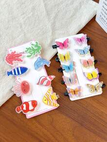 18pcs/Set Women's Butterfly Acrylic Hair Clips, Glitter Version Cartoon Bangs Clips, Marine Life Hair Clips - Multicolor - View 1