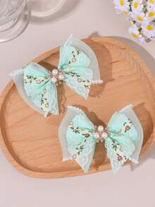 2个绿色蕾丝蝴蝶结发夹，饰有闪亮珍珠和水钻花朵，优雅简约，适合女孩佩戴，可用于婚礼、节日、日常佩戴，也是送给青少年的礼物。 - 綠色 - 查看 3