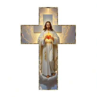 Wall-Mounted Wooden Cross Jesus Holding A Heart-Shaped Pattern Wall-Mounted Cross Portable Prayer Comfort Cross