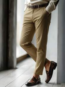 1件男士复古商务休闲西装裤，春夏时尚修身直筒西装裤 - 卡其色 - 查看 1
