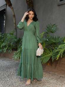 Women's Long-Sleeved Dress In Viscose Linen Fabric - Winter Style - 軍綠色 - 查看 1