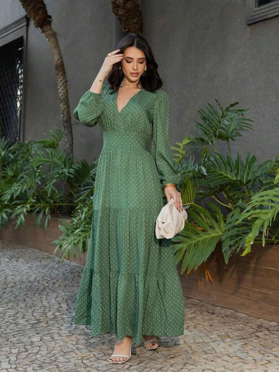 Women's Long-Sleeved Dress In Viscose Linen Fabric - Winter Style - 軍綠色 - 查看 1