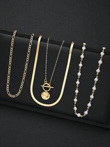 4pcs/Set Minimalist Sequin Faux Pearl Snake Chain Tassel Multilayer Y-Necklace Set, Suitable For Date, Vacation, Daily, Party, Wedding, Gift For Mom, Friend - Yellow Gold - View 4