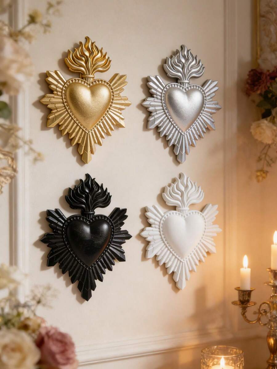 1 pezzo Ornamento decorativo appeso a forma di sacro cuore in fiamme in resina, stile europeo, decorazione da parete, opera d'arte per la casa, disponibile in più colori, decorazione per atmosfera festiva, adatto per decorazioni religiose da parete, casa, hotel e accessori fotografici