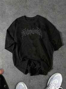 Manfinity Sport Corelite Camiseta de manga corta negra de ajuste regular cómoda para actividades con gráfico negro, ropa de entrenamiento para hombres, camiseta gótica, camiseta valiente, camiseta de banda negra - Negro - Ver 1