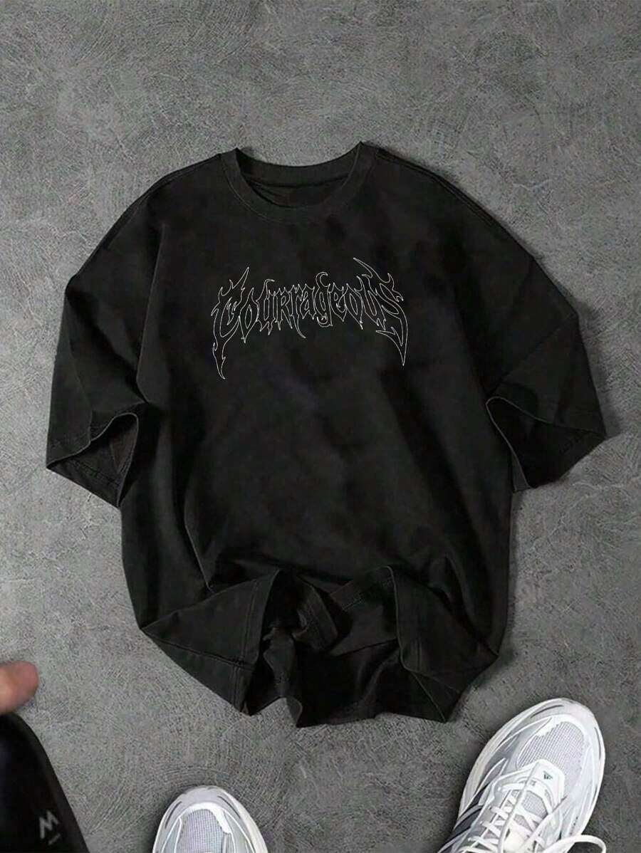Manfinity Sport Corelite Camiseta de manga corta negra de ajuste regular cómoda para actividades con gráfico negro, ropa de entrenamiento para hombres, camiseta gótica, camiseta valiente, camiseta de banda negra - Negro - Ver 1
