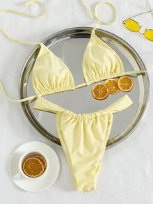 2026 Women's Sexy Spaghetti Strap Bikini Swimwear, Suitable For Summer, Valentine's Day, Beach, Vacation, Carnival, Casual Daily Wear, Fashionable And Elegant, Summer Vacation, Spring, Valentine's Day Women's Clothing, Carnival - Yellow - View 3