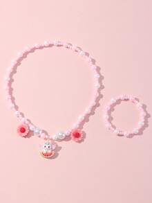 2pcs/Set Cute Pony & Flower Pendant Pearl Beaded Bracelet, Necklace Jewelry Set, Suitable For Holiday Party, School, Birthday Gift For Girls - Multicolor - View 4
