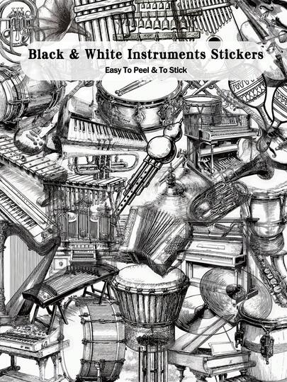50pcs Black & White Instruments Stickers For Laptop, Suitcase, Storage Box, Fridge, Room, Desk, Decor, DIY, Clear Stickers