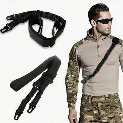Two-Point Rifle Sling With Length Adjuster, Traditional Sling With Metal Hook For Outdoor Use, 2-Point Bungee Tactical Rifle Sling, Military Hunting Sling, 2-Point Rifle Sling With QD Swivel Mounts, Traditional Two-Point Elastic Sling With Metal Hardware, Extra-Long Webbing Adjustable Gun Sling, Two-Point Rifle Sling - Tactical, Adjustable Length, Metal Hook For Outdoor Use (Black)