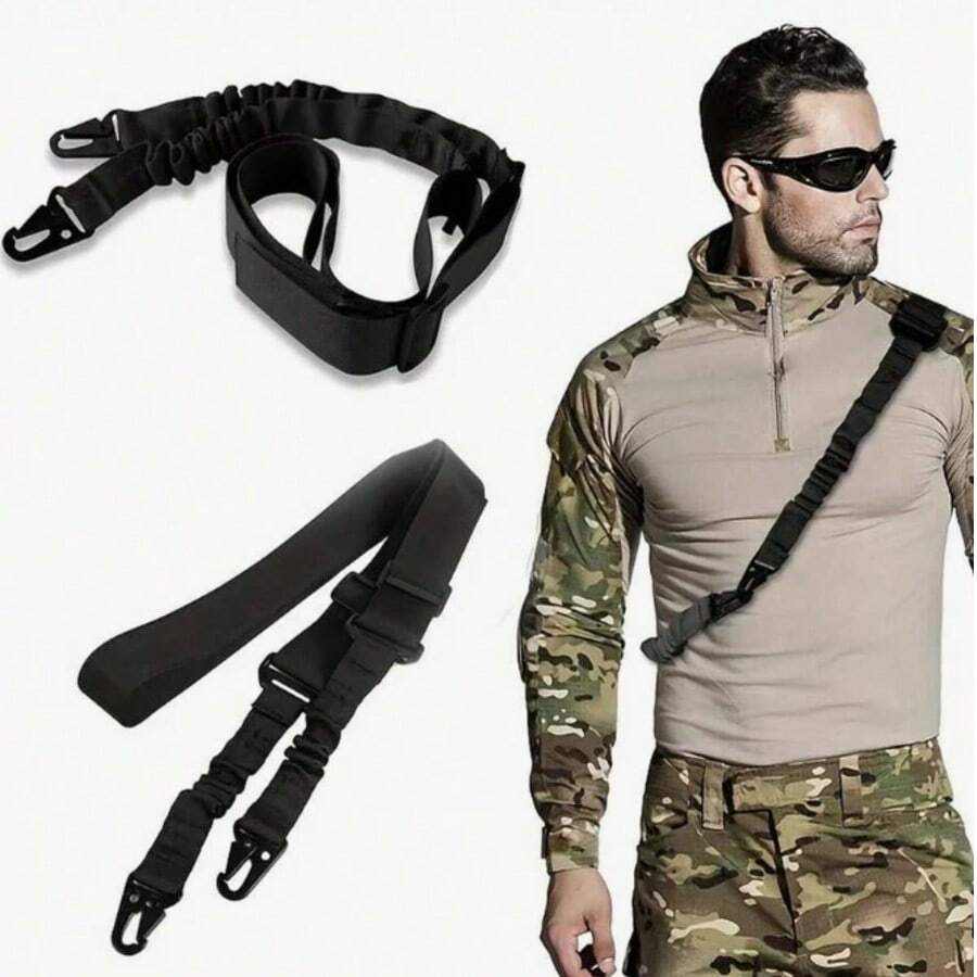 Two-Point Rifle Sling With Length Adjuster, Traditional Sling With Metal Hook For Outdoor Use, 2-Point Bungee Tactical Rifle Sling, Military Hunting Sling, 2-Point Rifle Sling With QD Swivel Mounts, Traditional Two-Point Elastic Sling With Metal Hardware, Extra-Long Webbing Adjustable Gun Sling, Two-Point Rifle Sling - Tactical, Adjustable Length, Metal Hook For Outdoor Use (Black)