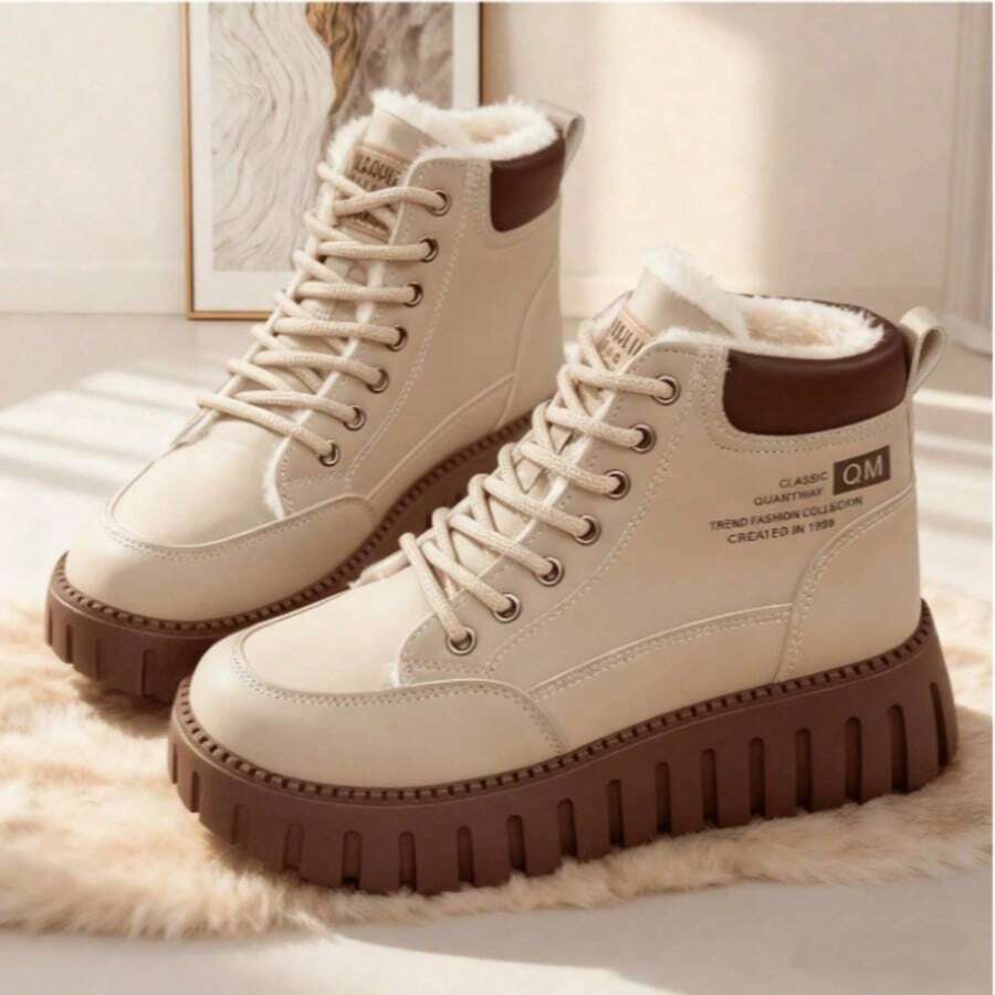 Women's Warm Boots - Heavy-Duty PU-Coated Textured, Lace-Up Ankle Boots, Platform Sole For Added Height And Non-Slip Rubber Sole - Beige/Brown Options, Elegant And Sophisticated Women's Winter Boots, Shiny Black Winter Boots With Beige Plush Lining, Women's Puffy Boots - Màu kaki được nâng cấp - Xem 1