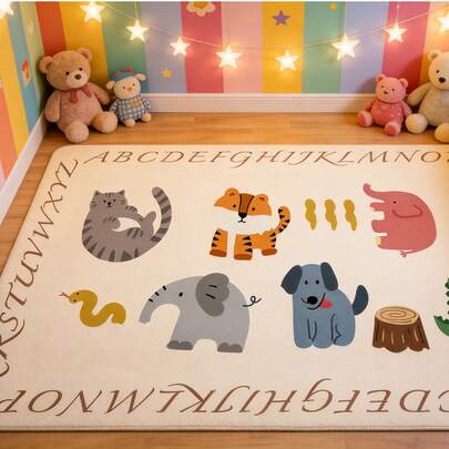 1pc Adorable Cartoon Animal With Letter Trim Design Decorative Carpet, Suitable For Living Room Carpet, Area Rug, Living Room Decor, Washable