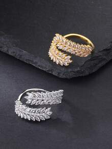 1枚时尚闪亮锆石镶嵌天然叶子造型开口戒指，适合日常佩戴、节日、派对、夏季、开斋节/宰牲节等场合，是理想的礼物之选。 - 閃耀馬眼鋯鑲枝葉 - 查看 4